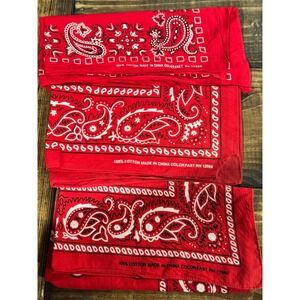 Lot of 3 Red Paisley Cotton Bandanas RN 13960 21x21 Classic Western Headwrap